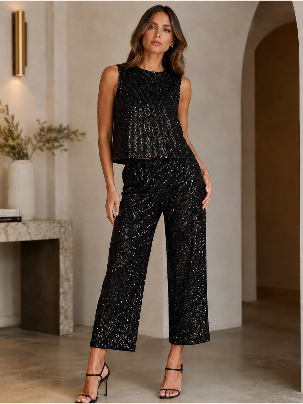 Z Supply Black Sequin 2 Piece Set Top & Crop Pants Size L Holiday Party